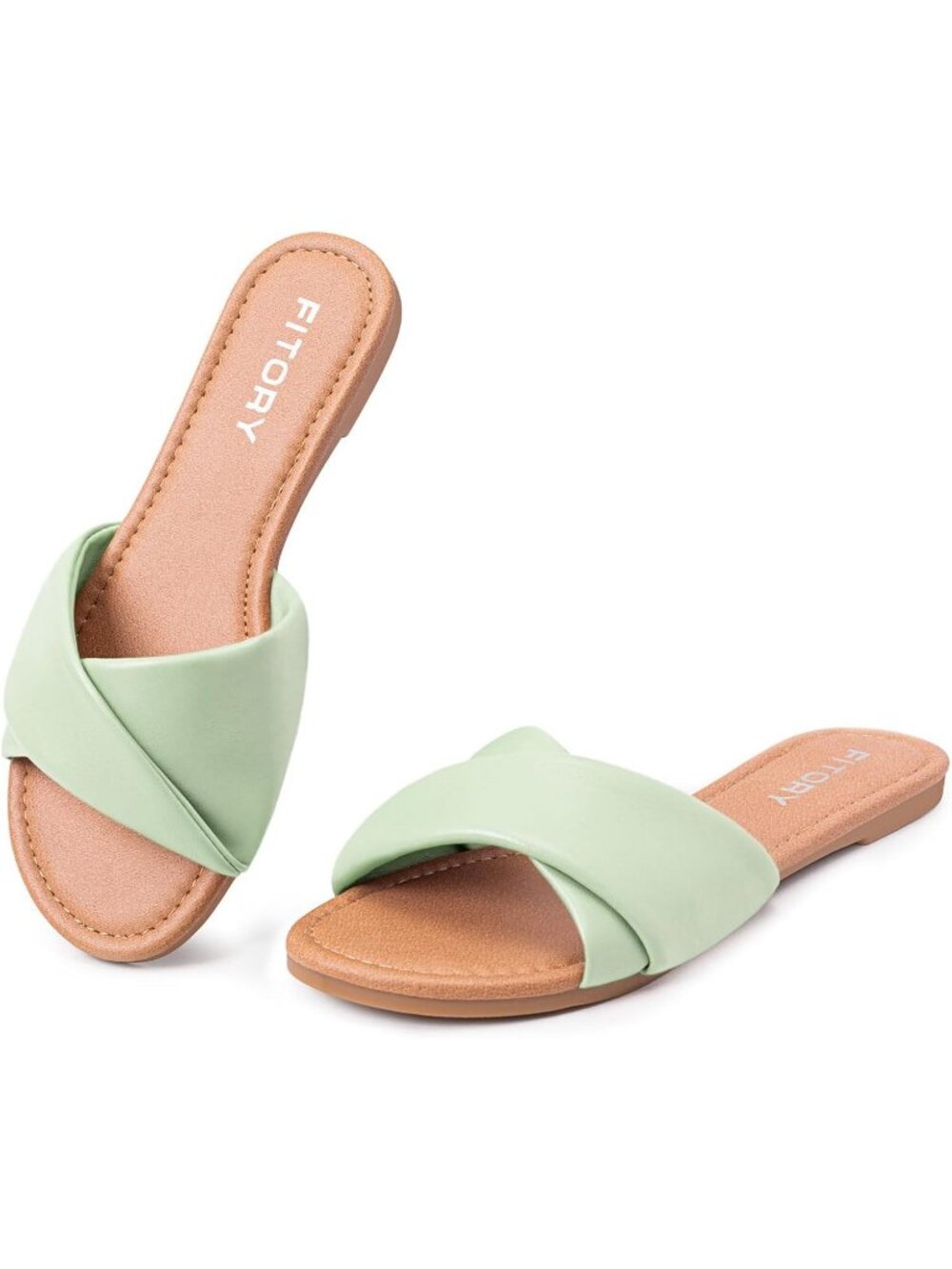 Women's Pistachio Soft Leather Summer Open Toe Style Flats Slide Beach Sandals